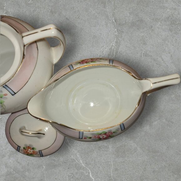 Nippon Hand Painted Cream & Sugar Set With Lid - Floral Design - Picture 5 of 9
